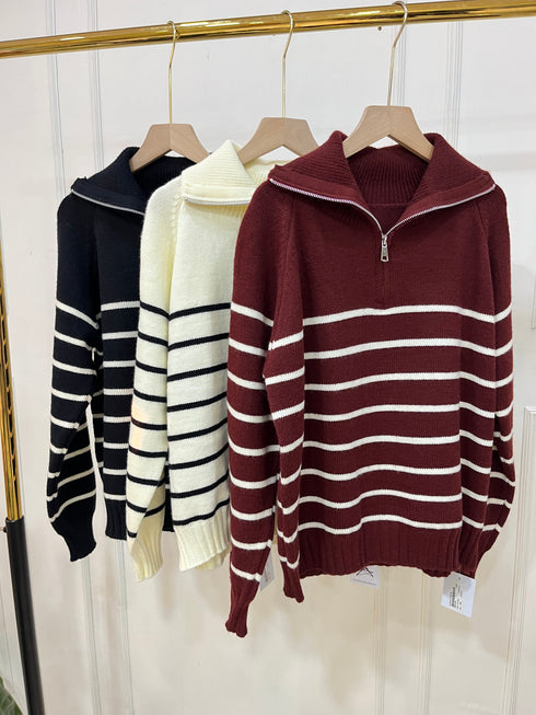 Heavy Knitted Collar Zip Stripes Pullover
